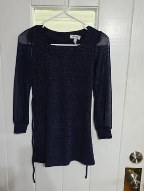 Speechless Kids Girl's Dress Navy Sparkly Sheer Sleeves Ties Lined Holidays Sz 8